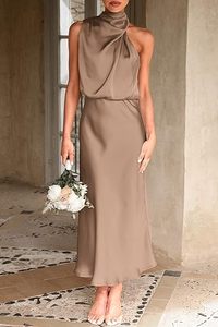 Vestido de Satén para Mujer, Nuevo Verano 2025, Elegante Vestido de Cóctel sin Mangas, <span class=keywords><strong>Alta</strong></span> <span class=keywords><strong>Costura</strong></span> con Logotipo - Product Image 6