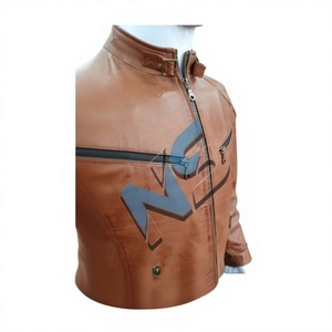 Nabtay Sports Men's Brown Leather Moto <b>Jacket</b> Stand Collar Zipper Front <b>Slim</b> <b>Fit</b> Solid Color Autumn Wear 140g - Product Image 3