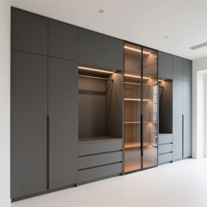 Dressing moderne autoportant écologique avec grandes portes vitrées, finition gris foncé mat, poignées dissimulées, sur mesure pour hôtel - Product Image 6