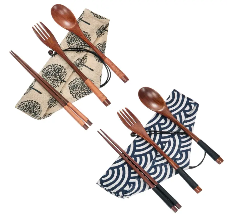 Reusable flatware fork spoon chopsticks wood wooden travel cutlery Japanese style untesil set