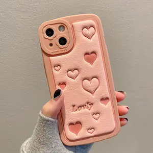 Nuevo producto de fábrica, funda de teléfono móvil de corazón de silicona de cuero, funda de teléfono de mujer Lovely Love Pink para iPhone 15 14 pro Max