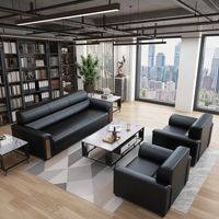 Ensemble de canapé de bureau modulaire moderne à trois places en cuir synthétique, avec table basse en bois et éponge haute densité pour salon