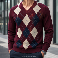 Hochwertiger Herren Argyle Pullover V-Ausschnitt Strickpullover Fein Gestrickt Langarm mit Geripptem Saum OEM ODM Fabrik Maßanfertigung