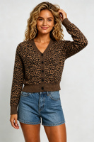 Cardigan pour femme à col en V imprimé léopard, pull en maille classique boutonné avec ourlet et poignets côtelés, OEM/ODM disponible