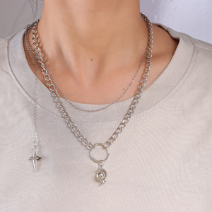 Collier superposé tendance pour femme, chaîne de clavicule multicouche, pendentif cœur en argent tibétain, design géométrique, style branché - Product Image 2