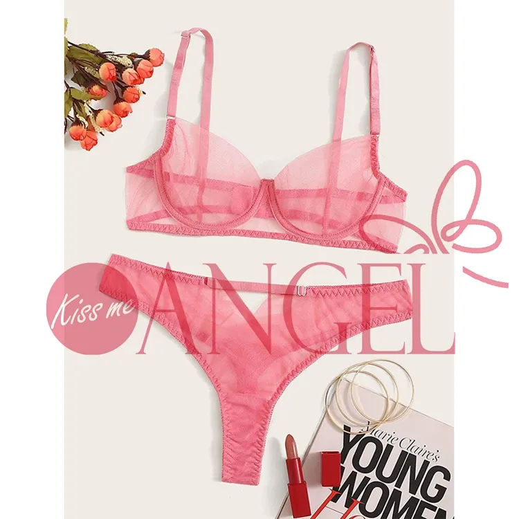 hot single deep V neck hollow out mesh see through hot KISS ME ANGEL sexy girl wear bra panty two piece set