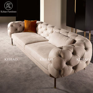 Set di divani da soggiorno italiani con bottoni postmoderni in tessuto Chesterfield in pelle sintetica a tre posti - Product Image 2