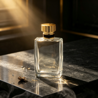 Flacon de parfum rectangulaire transparent en verre Fairy FR109 100ml au design moderne avec couvercle doré, pulvérisateur à pompe et finition estampée à chaud