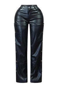 Pantaloni da donna in similpelle a vita alta dritti in PU, eleganti, invernali 2025, con bottoni, intagliati, a gamba larga, tinta unita - Product Image 5