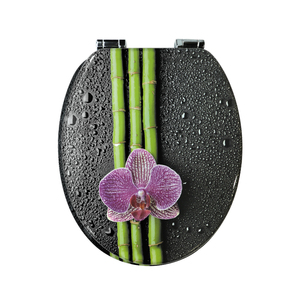 <span class=keywords><strong>Tapa</strong></span> de <span class=keywords><strong>Inodoro</strong></span> con Estampado de Orquídeas de Bambú Negro, Acabado Impermeable, con Bisagras de Cierre Suave de Metal Cromado para Inodoros Estándar - Product Image 2