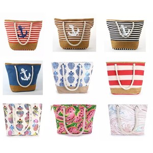 Custom Printed Eco-Friendly Durable Reusable Women's Cotton <b>Canvas</b> Grocery <b>Beach</b> Bag Zipper Pocket Stripe Pattern Long Rope - Product Image 5