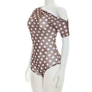 Viviblook J26BS139 Women Summer <b>Bodysuit</b> New Sexy Polka Dot Mesh <b>Sheer</b> Off Shoulder Asymmetry Short Sleeved <b>Bodysuit</b> - Product Image 4