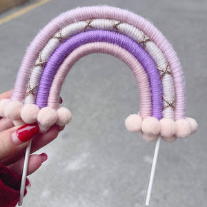 Topper de pastel de <span class=keywords><strong>cumpleaños</strong></span> de arcoíris bohemio, cuerda de algodón tejida <span class=keywords><strong>a</strong></span> <span class=keywords><strong>mano</strong></span>, Topper para hornear pasteles de fiesta - Product Image 3