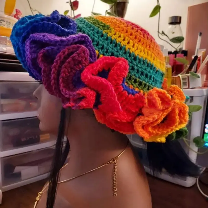 Hohai nuove donne cappelli a secchiello all'uncinetto Y2k alla moda con volant pieghettati cappello lavorato a maglia