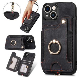 เคสโทรศัพท์หนัง PU สไตล์เรโทรสุดหรู พร้อมช่องใส่บัตรแม่เหล็กและที่จับแบบวงแหวน สำหรับ iPhone 16 17 15 14 13 Pro Max - Product Image 1