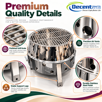 Poêle à bois en acier inoxydable en forme de tambour avec grille de cuisson, trois pieds et trous d'aération pour camping et jardin