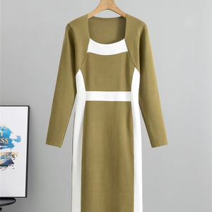Femmes élégantes Noir Vs Blanc Hit Couleur Slim Bodycon Midi Party Sweater Dresses Retro Square Neckline Knitted Dress - Product Image 1