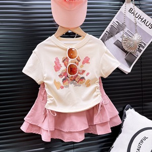 Summer New Girls Cute <strong>Cartoon</strong> Suit Drawstring Short Sleeve Top plus Princess <strong>Skirt</strong> Two-Piece Casual <strong>Print</strong> Pattern Clothes Set - Product Image 3