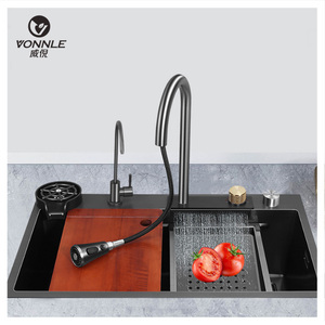 Évier de cuisine en acier inoxydable à cuve unique avec plateau, design moderne, installation sur plan de travail à un trou - Product Image 1