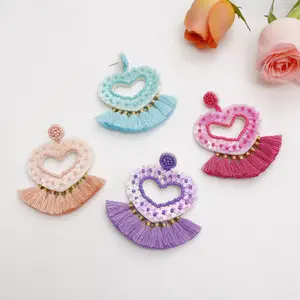 Charming Handmade Heart-shaped Miyuki Seed Beads Tassel Beaded Jhumka Earrings Indian Traditional
