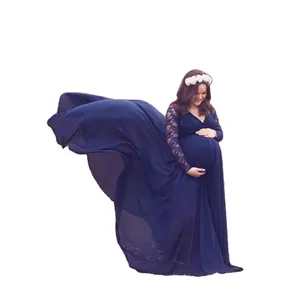 Groothandel moederschap jurk 3pcs-Lange Mouwen Kant Stiksels Sexy Losse Staart Jurk Voor Zwangere Vrouwen Moederschap Jurk Voor Photoshoot