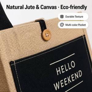Bolsa de Yute Natural con Cierre de Botón, Bolsillo Frontal Negro, Estampado de Letras, Bolsa de Compras Ecológica - Product Image 2