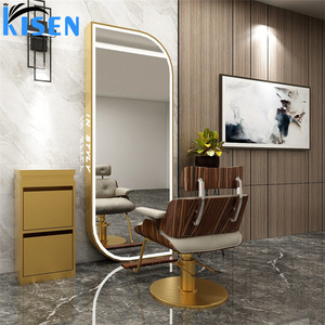 Mueble de exhibición de acero inoxidable KISEN para salón, mesa de tocador y consola con espejo de doble cara para uso en barberías - Product Image 4