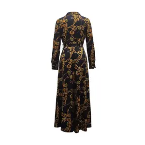Allover Dress kemeja depan berkancing, gaun kasual lengan panjang untuk Musim Semi dan Gugur, pakaian wanita