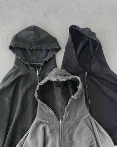 Heavyweight Custom logo <b>Acid</b> Wash Oversize Boxy Fit Sun Faded distressed Pocket Zipper <b>Drop</b> Shoulder Hoodie for Men Manufacturer - Product Image 1