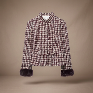 Chaqueta de Lana Tweed para Mujer, Cuello Alto, Abrigo a Cuadros con Puños de Piel, Invierno, Cierre de un Solo Botón - Product Image 2