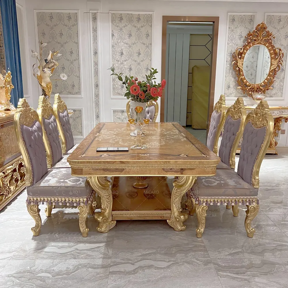 Bộ Bàn Ăn Vàng Hoàng Gia Baroque Bàn Ăn Chạm Khắc Gỗ Với 8 Ghế