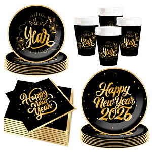 DAMAI New Years Eve Party Supplies Happy New Year Tableware Set <b>Disposable</b> Paper Plates Paper Cup Napkins and Wooden Cutlery - Product Image 3