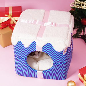 Caja de Regalo Navideña, Cama para Gatos, Techo de Lana Azul con Diseño Chevron, Cálida, Semi Cerrada, Casa para Gatos Pequeños - Product Image 3