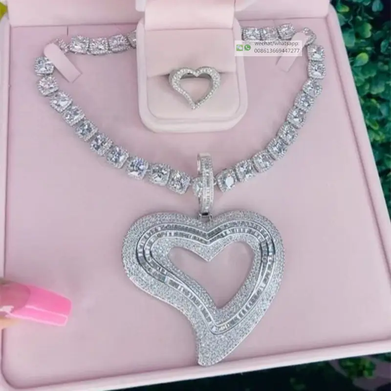 Bling Jewellery Vendor Cuban Matching Multi Style Chain Hot Sale Women Unique Big Heart Pendant Tennis Diamond Necklace