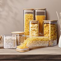 Contenants de stockage alimentaire carrés en verre borosilicate de haute qualité avec couvercles en bambou hermétiques et fermeture à clapet 280 ml