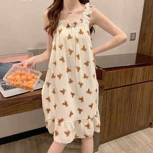 Tête d'ours <span class=keywords><strong>chemise</strong></span> <span class=keywords><strong>de</strong></span> <span class=keywords><strong>nuit</strong></span> femmes été bretelles un cou pyjamas <span class=keywords><strong>coton</strong></span> mince mignon filles maison porter - Product Image 2