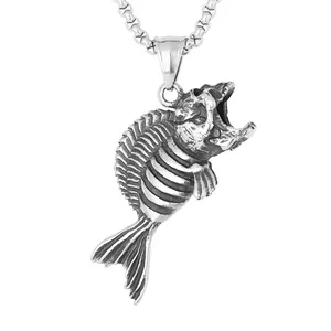 Оптовая продажа, винтажное ожерелье Piranha Bones, подвеска в виде рыбы из нержавеющей стали с 3D-эффектом