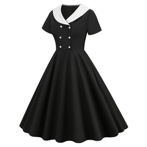 Abito Vintage in Cotone Stile Rockabilly, Vestito Corto Retrò a Maniche Corte con Contrasto di Colore, Mini Abito Nero da Donna con Colletto e Bottoni - Product Image 2
