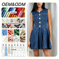 Robe sans manches pour femme, bleue, coupe trapèze, boutonnée, vintage, avec poches, décontractée, streetwear, mini, été