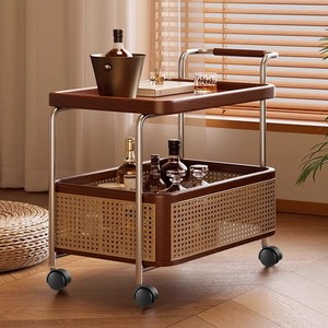 無垢材可動式収納中世風トロリーリビングルームソファコーヒーテーブル収納ラック籐製スナックカート - Product Image 3