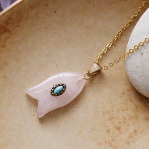 Collier pendentif en forme de poisson, améthyste, œil de tigre, quartz rose, plaqué or 18 carats, serti clos, bijoux en alliage de zinc, cadeau - Product Image 4