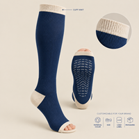 Chaussettes de compression personnalisées à bout ouvert, en tricot de nylon et élasthanne, couleur écru marine, avec support du mollet et ajustement du bout du pied, gradation de taille