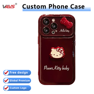 Dragonne de téléphone en silicone souple rouge bordeaux avec motif chat nœud papillon et dessin animé, pour coque de téléphone 16PRO à grande fenêtre - Product Image 1