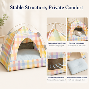 Lit de tente pour animaux de compagnie OEM pliable, imperméable, rectangulaire, à quatre poteaux, type <span class=keywords><strong>tipi</strong></span>, avec coussin en peluche respirant et lavable, motif dessin animé, portable pour chat - Product Image 4
