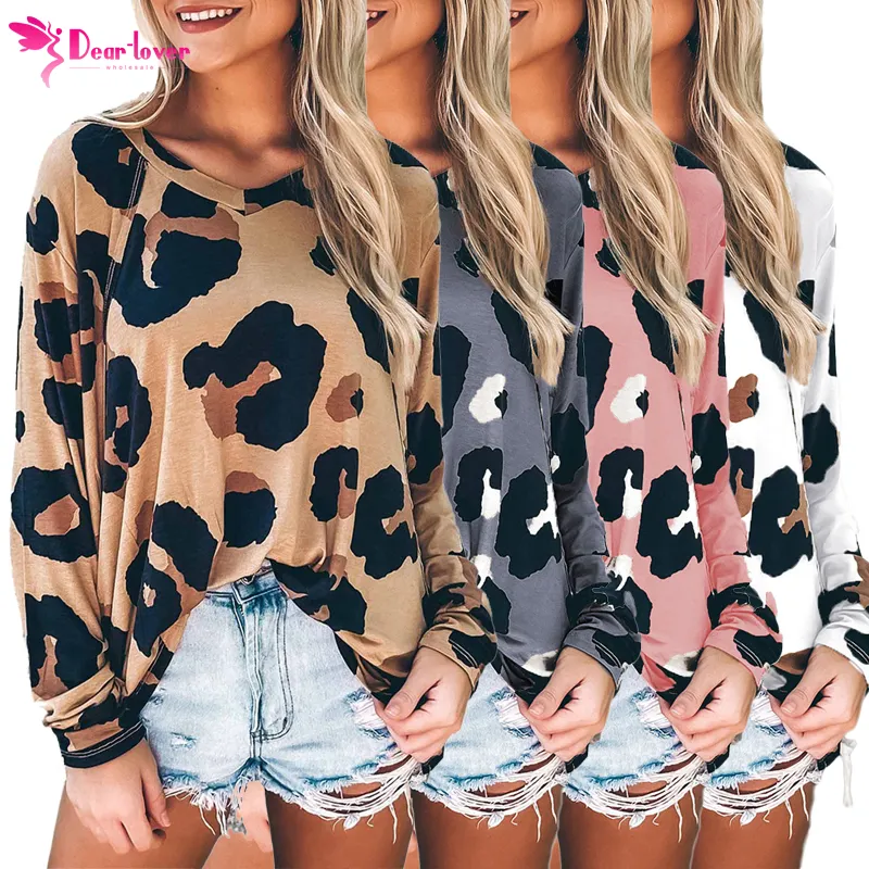 Dear-Lover Private Label Blouses Ladies Tops Latest Design Fashionable Cute Leopard Print Loose Womens Long Sleeve Tops