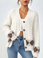 Cardigan élégant en maille torsadée crème pour femme, col en V, avec bordure en argyle marron contrastant, boutonné, coupe décontractée, manches longues, OEM/ODM