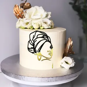 Midden-Oost-Afrika Minimalistische Lijn Schoonheidskarakter Dame Gezicht Cake Topper Gelukkige Verjaardag Moederdag Cake Topper