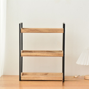 Organizador de cosméticos de madera de tres niveles, estante de almacenamiento de escritorio, combinación de hierro y madera, organizador de maquillaje de 3 pisos - Product Image 3