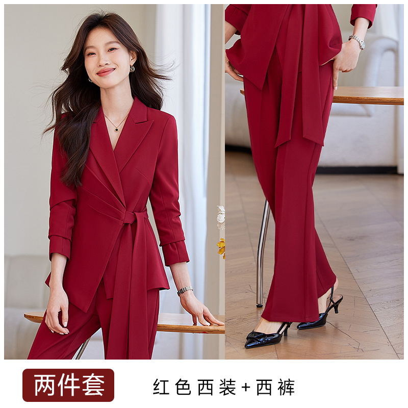Red suit with slightly flared trousers