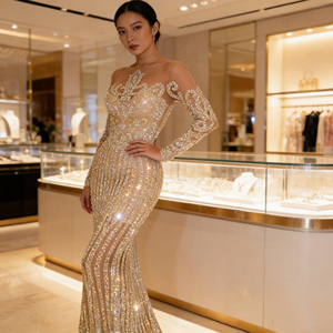 Robes <span class=keywords><strong>de</strong></span> soirée <span class=keywords><strong>de</strong></span> bal <span class=keywords><strong>de</strong></span> promo élégantes à manches longues en forme <span class=keywords><strong>de</strong></span> A, antistatiques, à paillettes, couleur champagne, <span class=keywords><strong>avec</strong></span> traîne <span class=keywords><strong>de</strong></span> chapelle, pour le printemps 2026 - Product Image 1